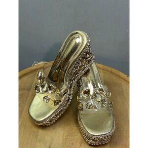 Tinstree Wedge Sandals Womens 8 Gold Leopard Crystal Stud Platform Clear Strap
